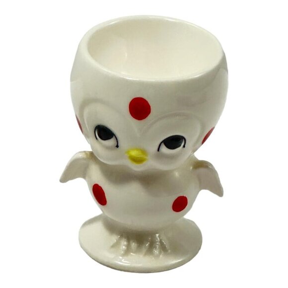 Chick Anthropomorphic Bird Egg Cup Polka Dot Lot 2 White Blue Red Vintage 60s - Picture 6 of 10